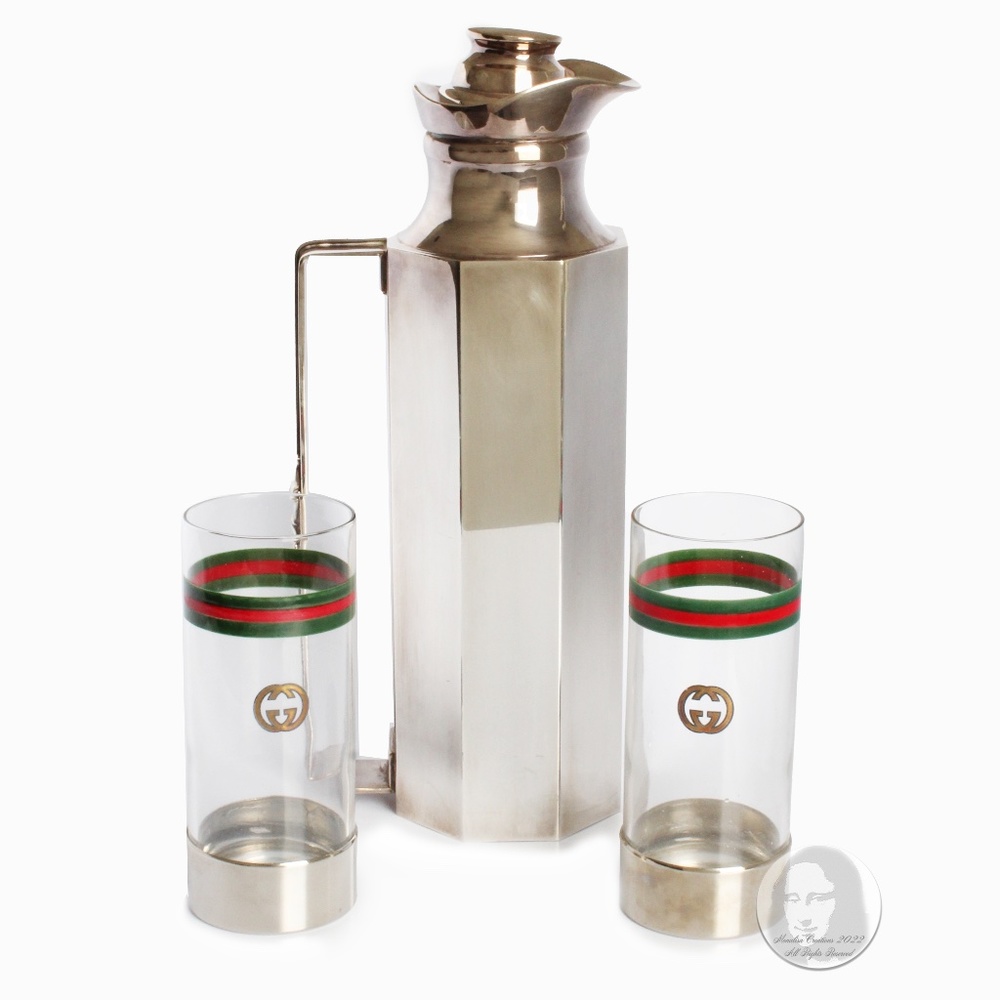 Gucci Barware Set GG Logo Highball Glasses and Horse Bit Decanter Vintage 1970s